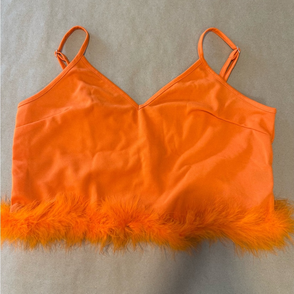 Orange Feather Trim Crop Top - Size L
